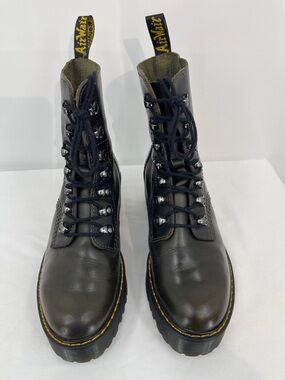 Dr. Martens LEONA  Lace-Up VERY DARK GREEN Boots with Yellow Stitching WOMENS  7